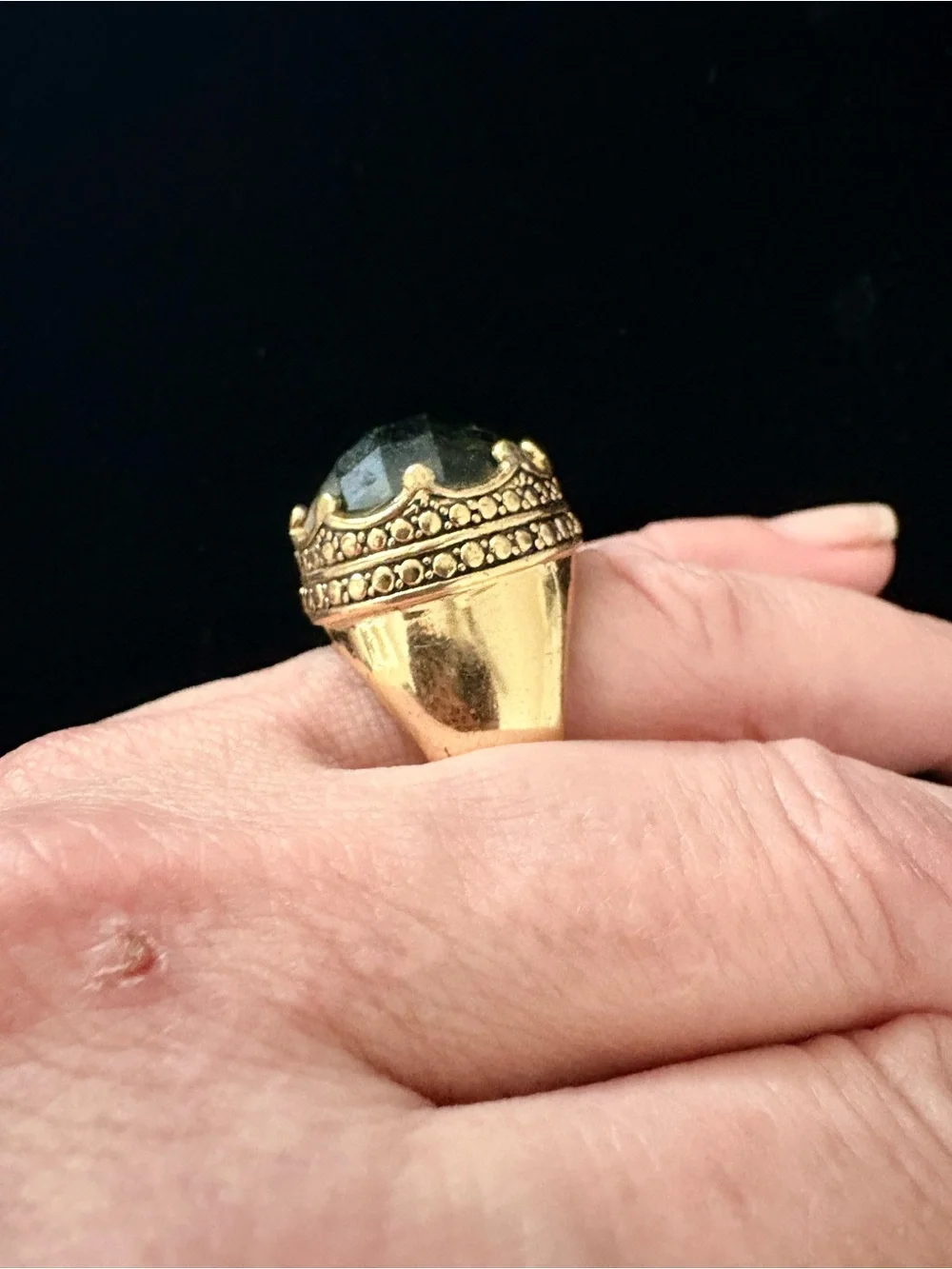 Heavy Crown Gold-Tone Statement Ring with Dark Green Stone